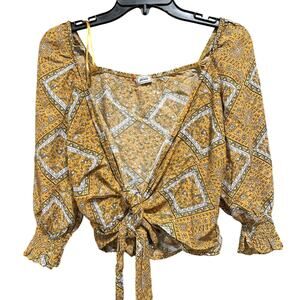 Pimkie Blouse Womens M Yellow Boho Tie Front Floral Peasant Top Lightweight